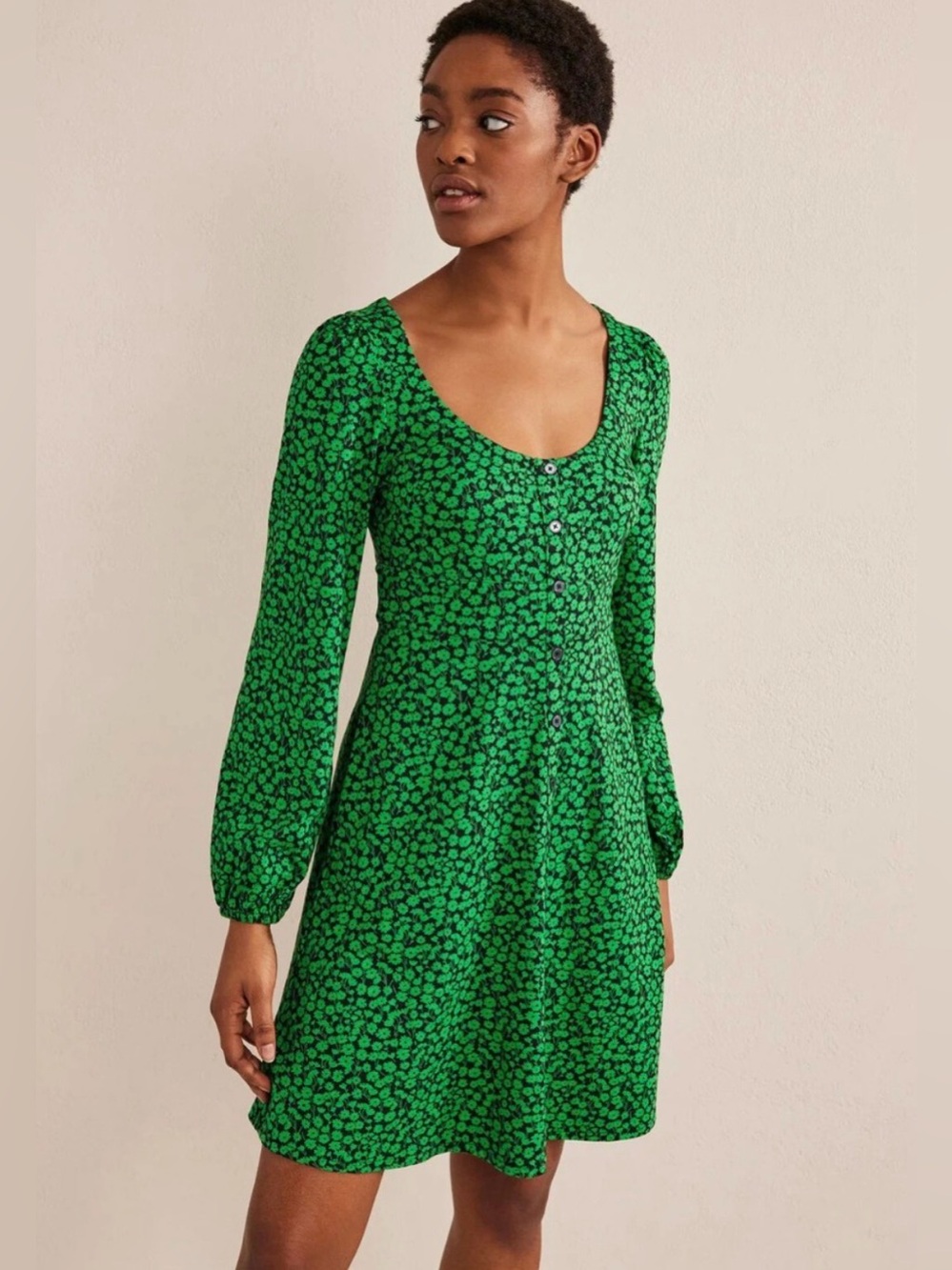 Boden NWOT 8L (TALL) Green Button Front Jersey Above Knee Dress